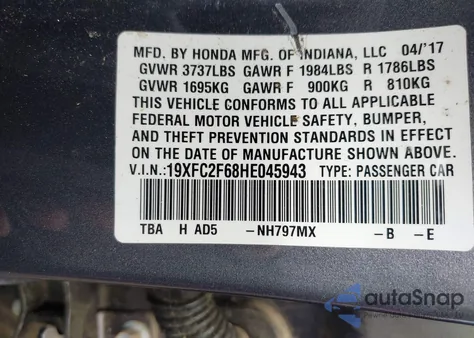 2017 Honda Civic Lx из США, поврежденный, VIN 19XFC2F68HE045943